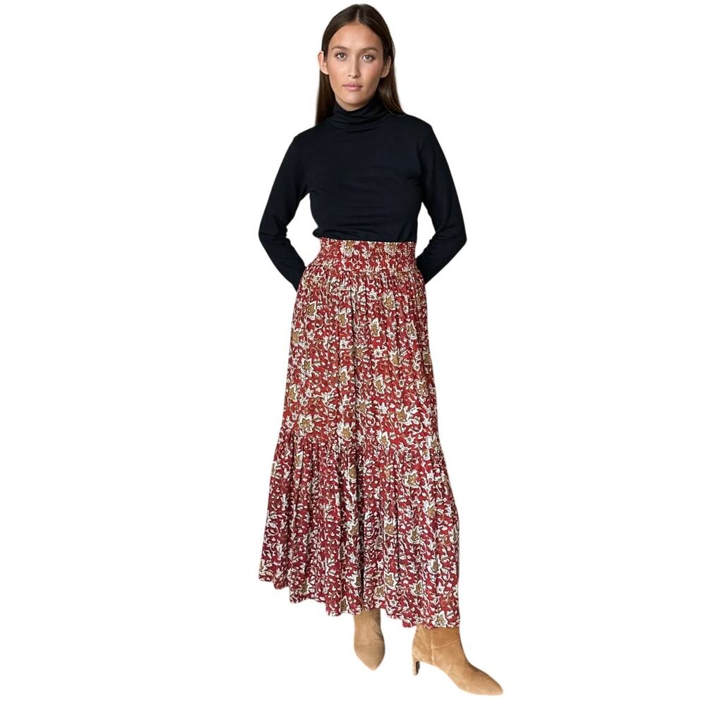 Emerson Fry India Collection Shirred Navi Burgundy Print Skirt Size M/L Maxi
